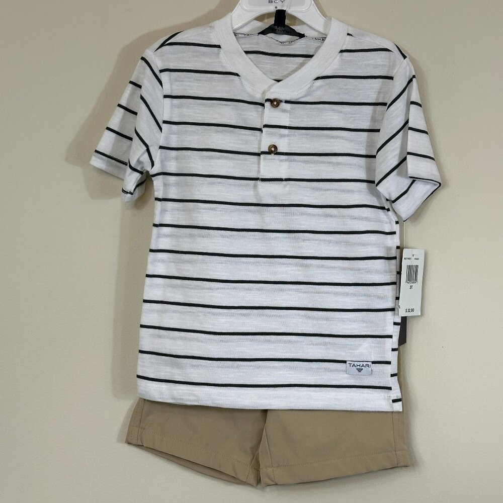 Tahari 2 Pc Set Short Sleeve Henley and Khaki Elastic Waist Shorts Boys 3T New